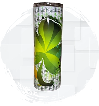 A tall glass with a green leaf on it.