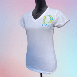 A mannequin wearing a white t-shirt with the word 'd ark ' on it.