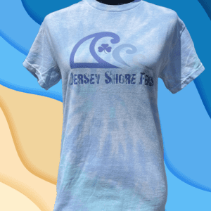 A t-shirt with the jersey shore surf club logo.