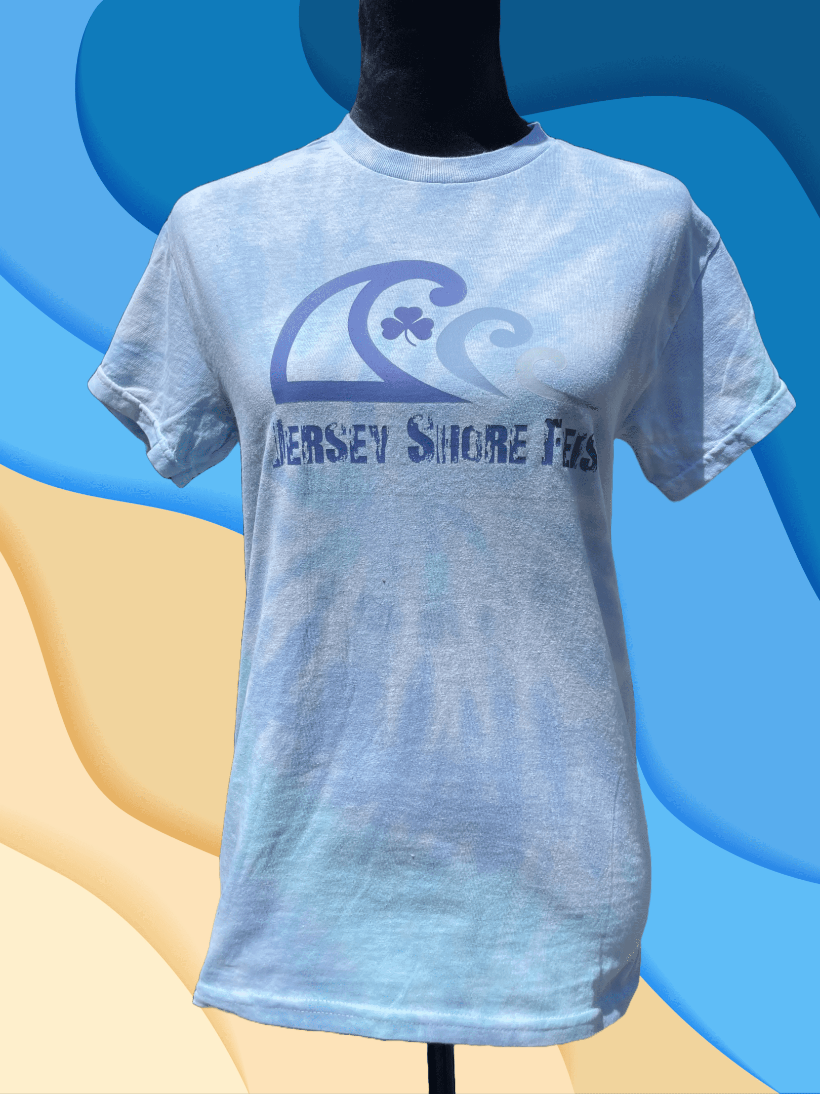 A t-shirt with the jersey shore surf club logo.