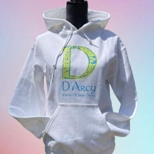 A white hoodie with the letter d on it.