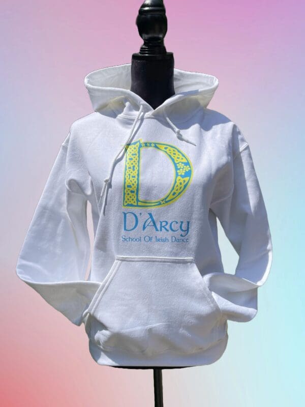 A white hoodie with the letter d on it.