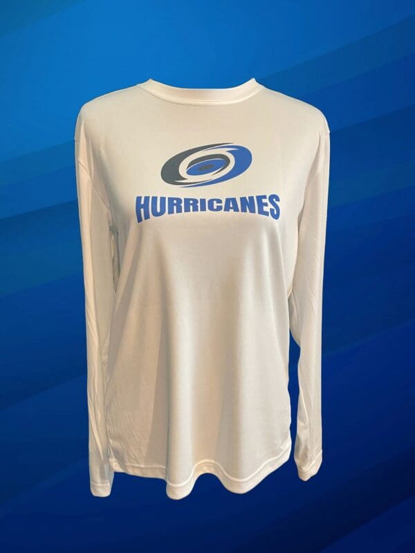 A white long sleeve shirt with the hurricanes logo on it.