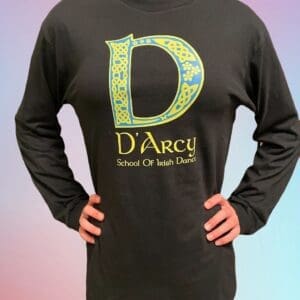 A man wearing a black long sleeve shirt with the letter d