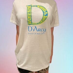 A person wearing a t-shirt with the letter d