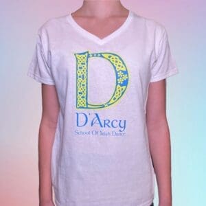 A woman wearing a white t-shirt with the letter d