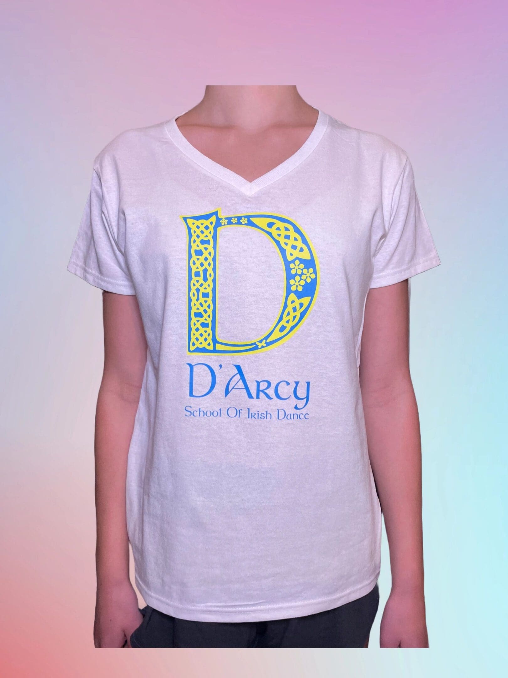 A woman wearing a white t-shirt with the letter d