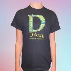 A man wearing a black t-shirt with the letter d