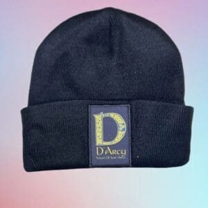 A black beanie with the letter d on it.