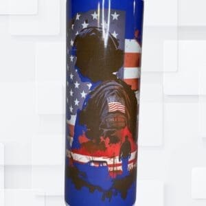 A blue cup with an american flag and eagle on it.