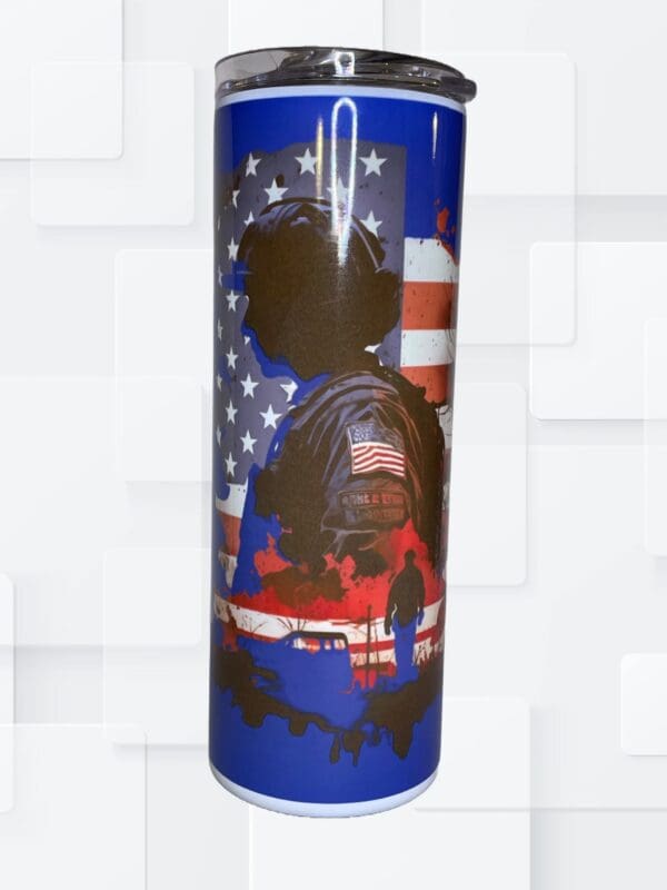 A blue cup with an american flag and eagle on it.